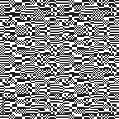 Glitch abstract seamless pattern, digital image data distortion, black and white  background, vector illustration.