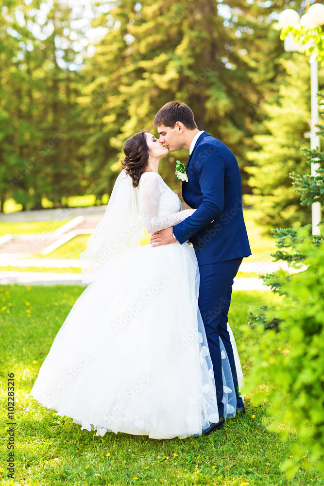 Wedding, Beautiful Romantic Bride and Groom Kissing and Embracing 