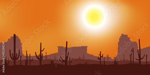 Sunset with Saguaro Cactus. Desert. Vector background.