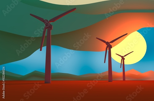 Wind Turbine landscape illustration. Renewable energy development relative theme. 