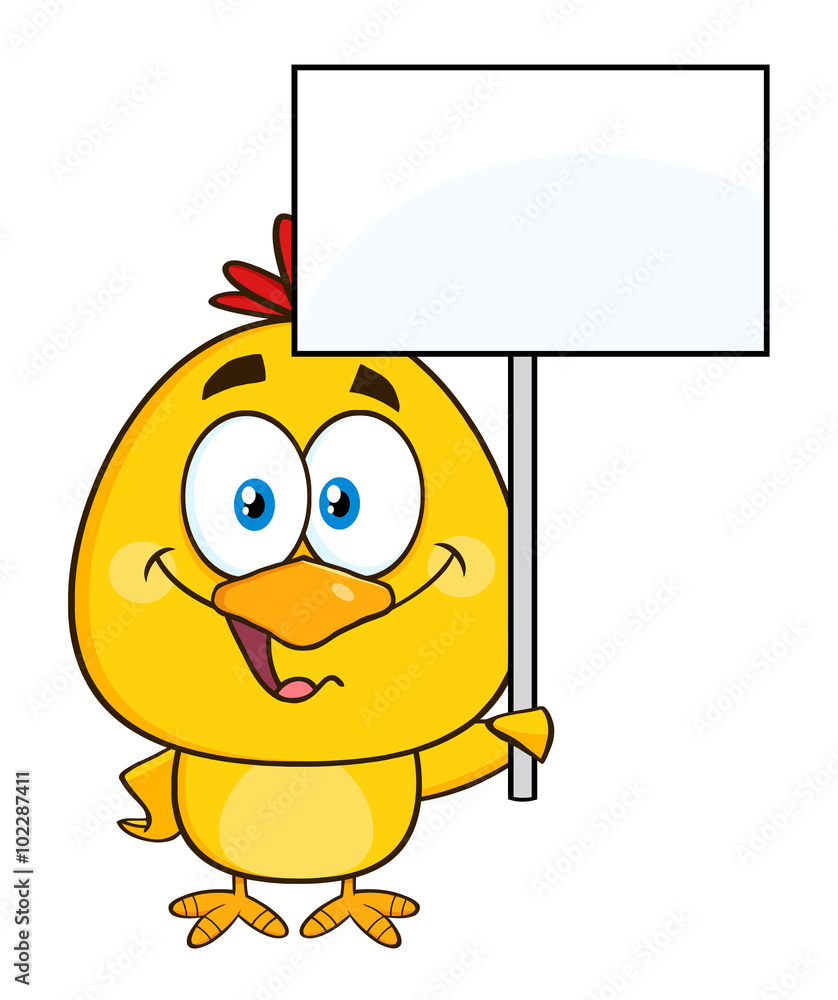 Smiling Yellow Chick Cartoon Character Holding A Blank Sign