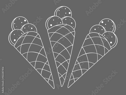 Vector illustration with ice cream cones on a grey background