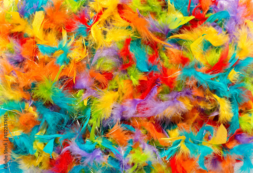 Colorful background of vivid dyed feathers