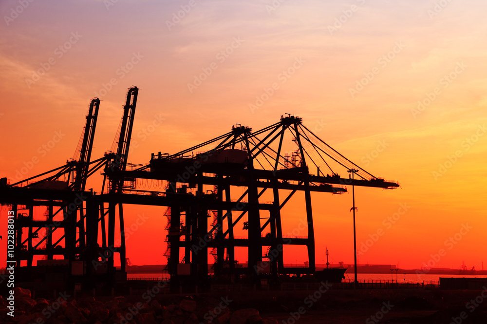 in the evening，Freight dock of container crane