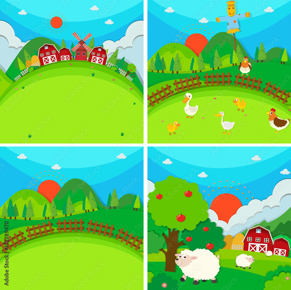 Four scenes of farmland with barn and animals Four scenes of farmland with barn and animals