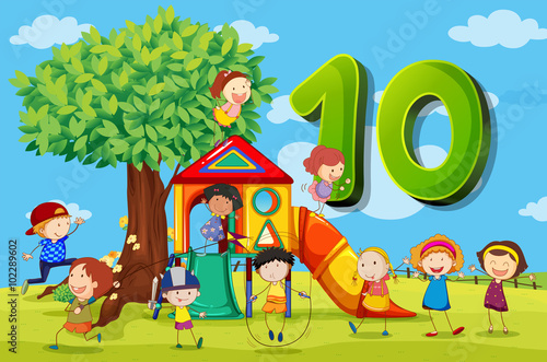 dFlashcard number 5 with five children in the park