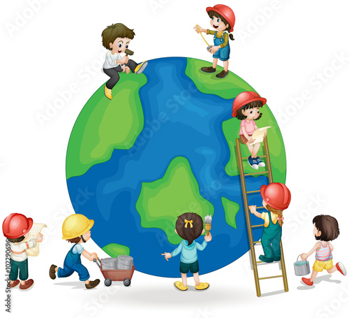 Children fixing and painting the globe