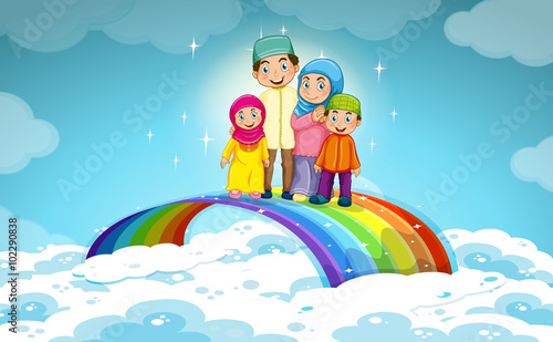 Muslim family standing on the rainbow
