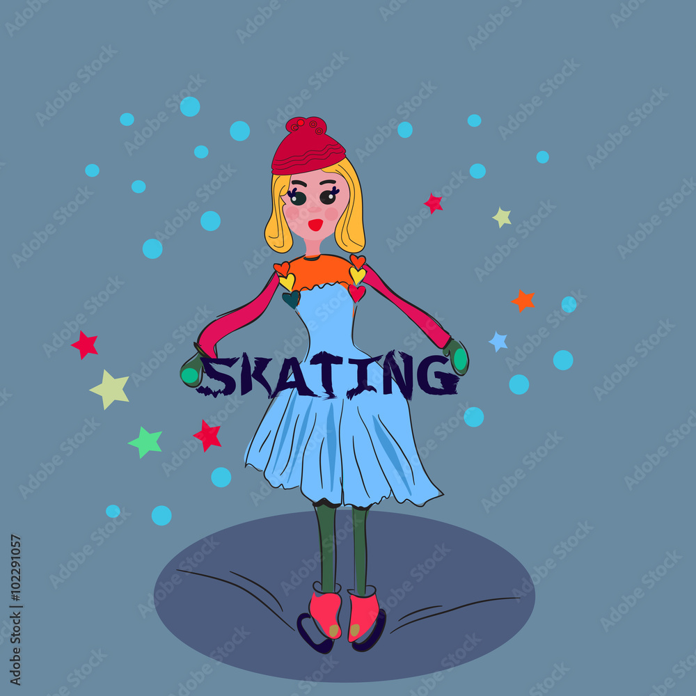 Little blond girl on ice skating. Snow and freedom. Isolated vector illustration. Hobby for family for postcard, banner Little blond girl on ice skating. Snow and freedom. Isolated vector illustration. Hobby for family for postcard, banner