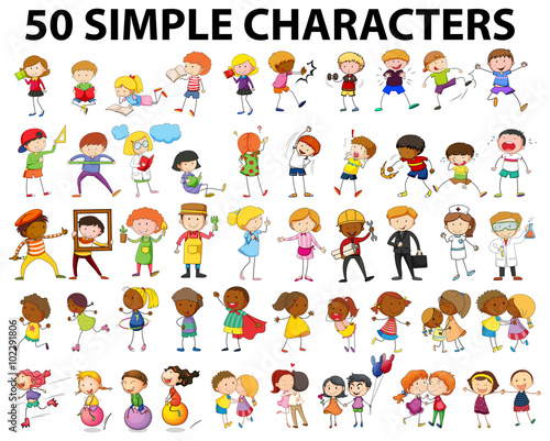 Fifty simple character doing different activities