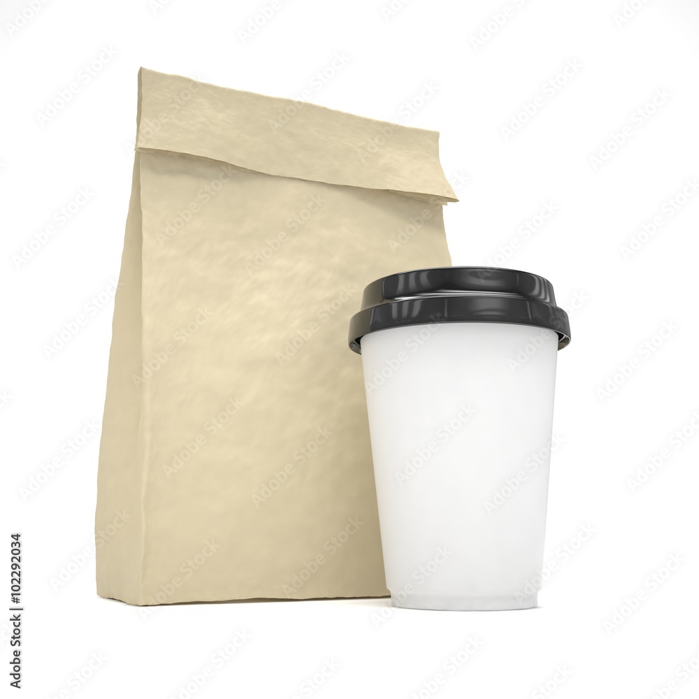 Coffee to go and lunch bag, on white.