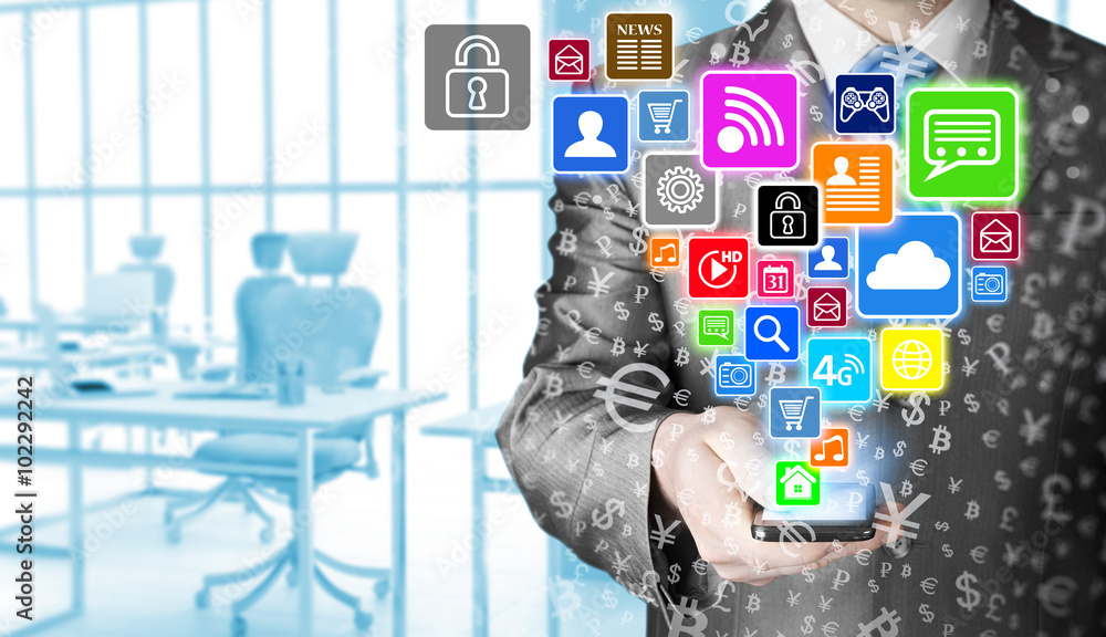 Business man using smart phone with social media icon set Business man using smart phone with social media icon set