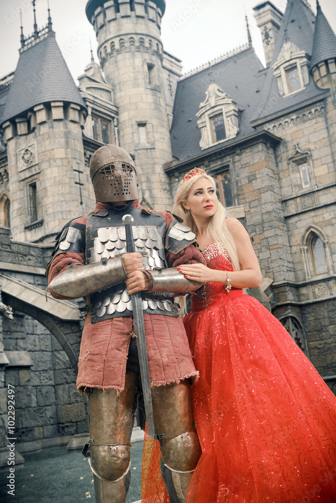 Medieval knight with his beloved lady.