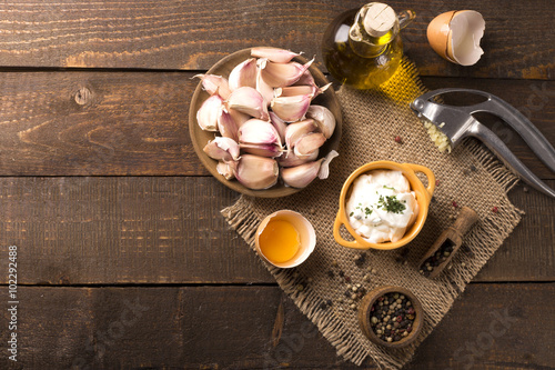 Photography Garlic dip in a cute bowl