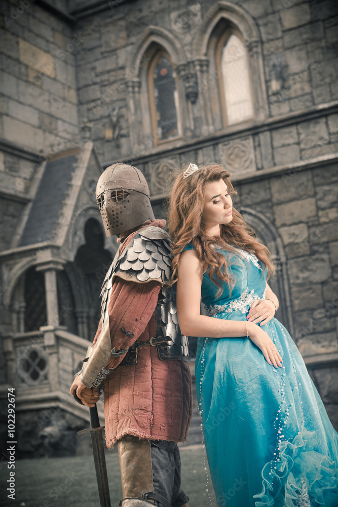 Medieval knight with his beloved lady.