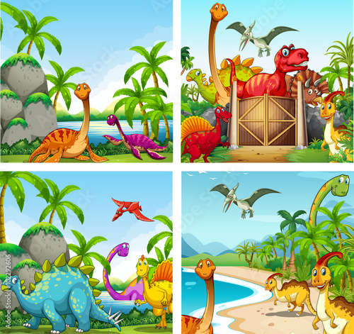 Принти на полотні Four scenes of dinosaurs in the park
