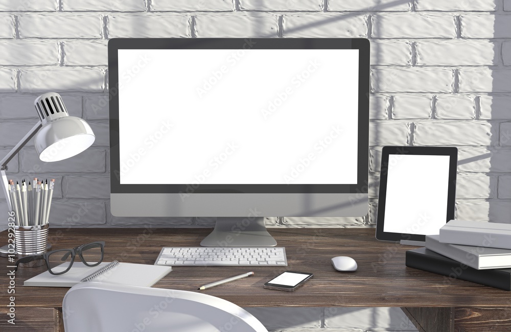 Fototapeta premium 3D illustration PC screen on table in office, Workspace