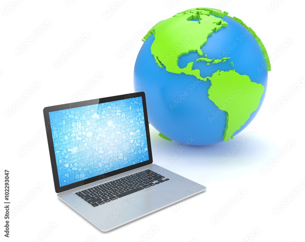 Laptop network and earth globe. 3d render Laptop network and earth globe. 3d render