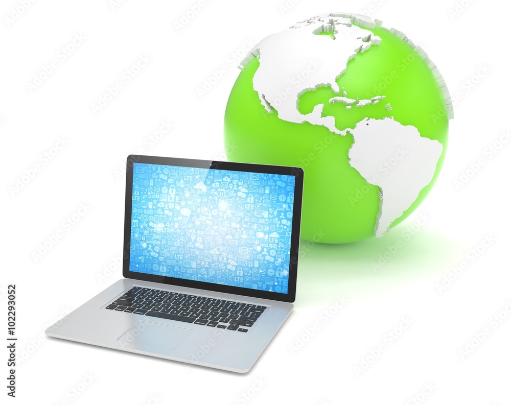 Laptop network and earth globe. 3d render Laptop network and earth globe. 3d render