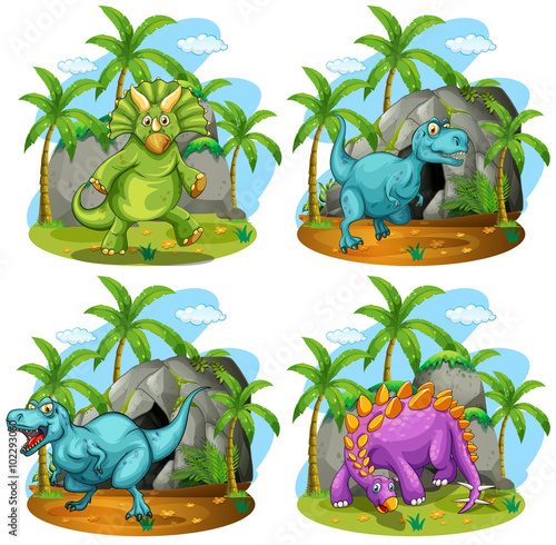 Four dinosaurs standing in the field