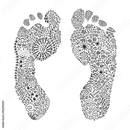 Human left and right barefoot footprints. Complicated hand drawn zentangle black pigment liner design. Adult coloring page for print and books. Stress relieving activity. Vector EPS 10