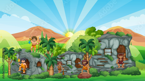 Cave people living in stone house