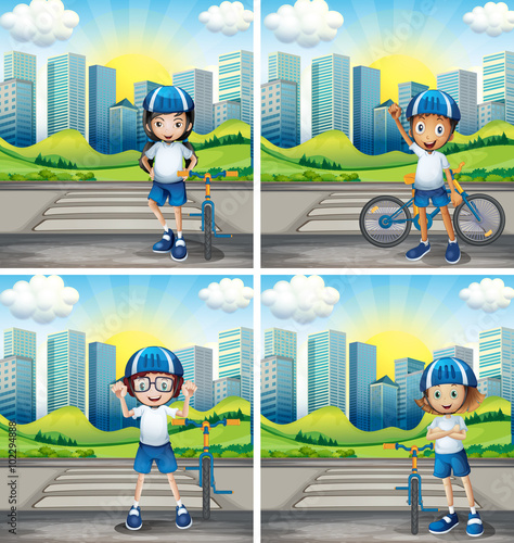 Four children with helmet and bike on the street