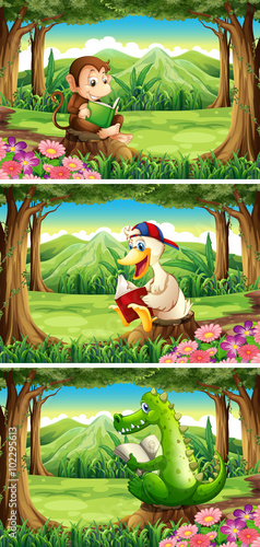 Wild animals reading book in the forest