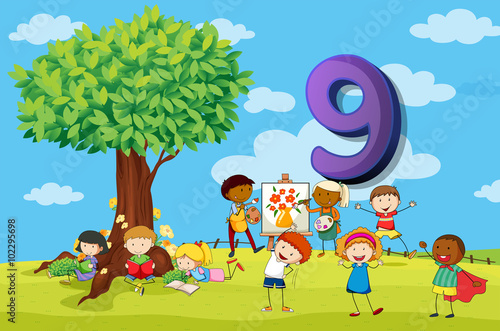 Flashcard number 9 with nine children in the park