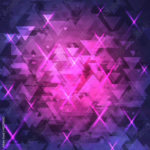 Abstract, technology, futuristic dark background with a pattern of triangles, with the glow. Purple, blue background. Vector.