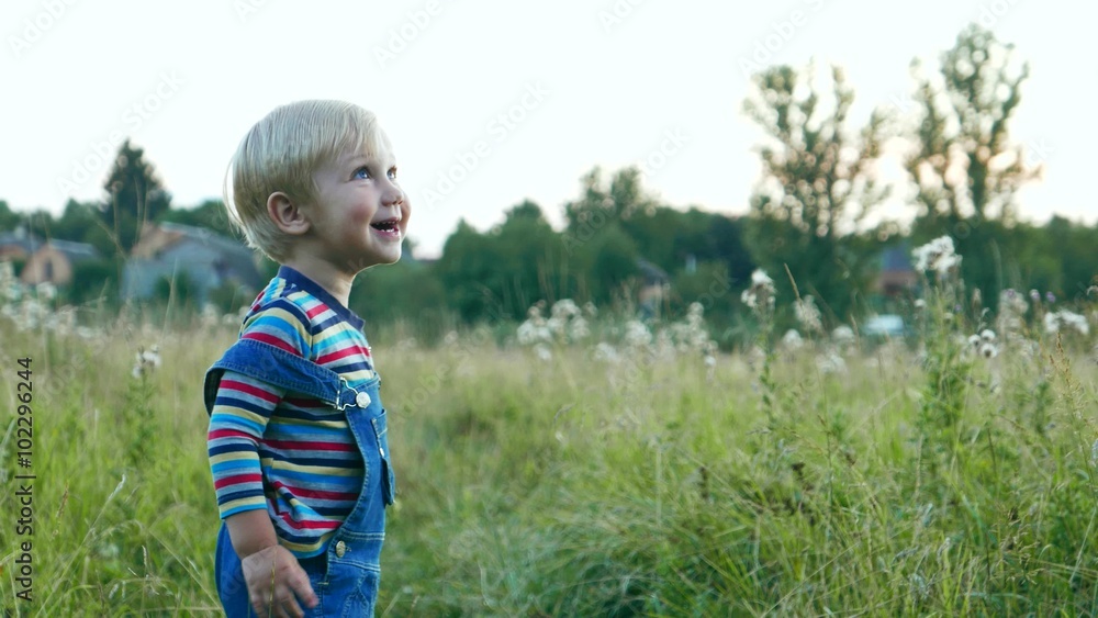 Happy Joyful Caucasian Cute baby boy toddler kid child is playing in a meadow with green grass Happy Joyful Caucasian Cute baby boy toddler kid child is playing in a meadow with green grass