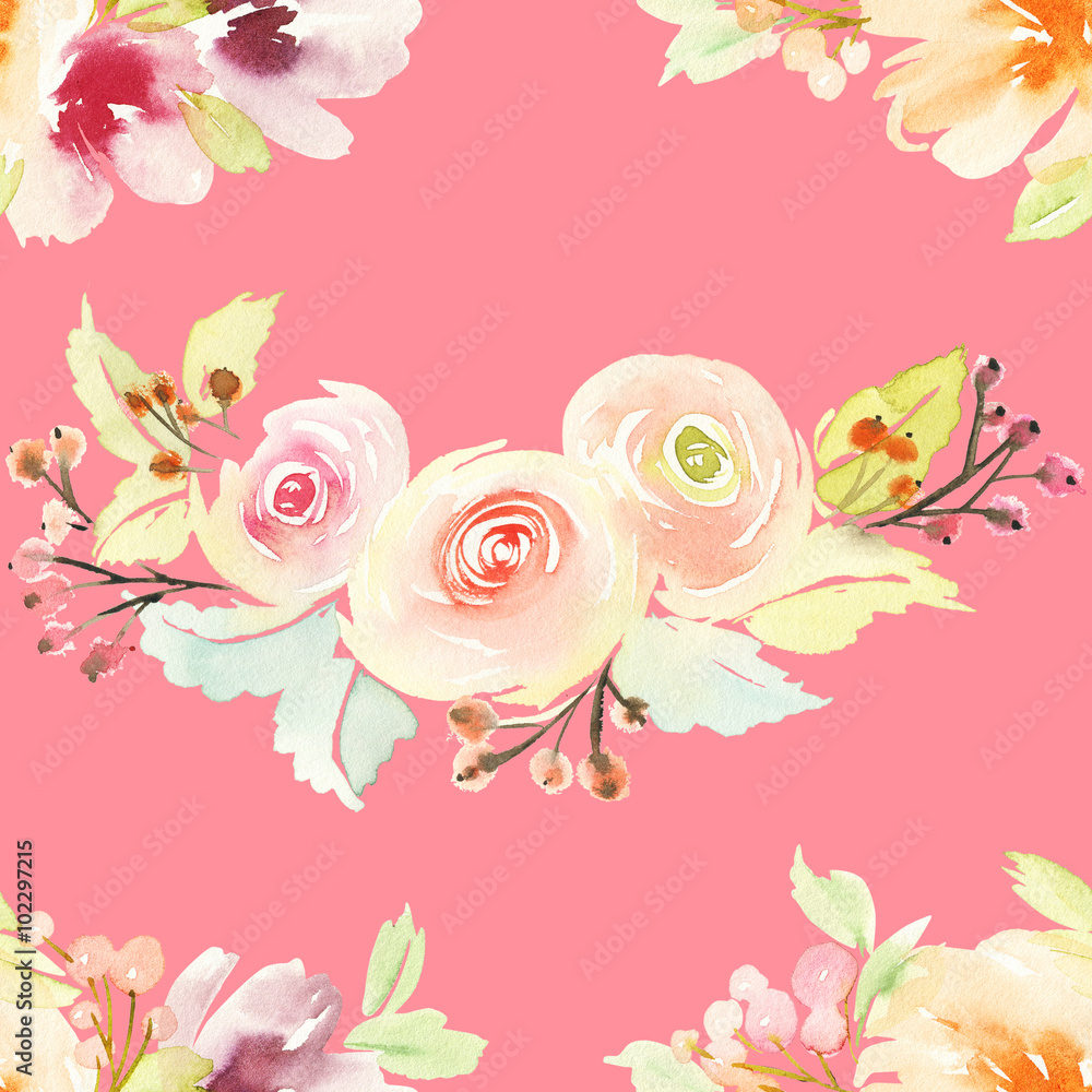Seamless pattern with flowers watercolor. Gentle colors.