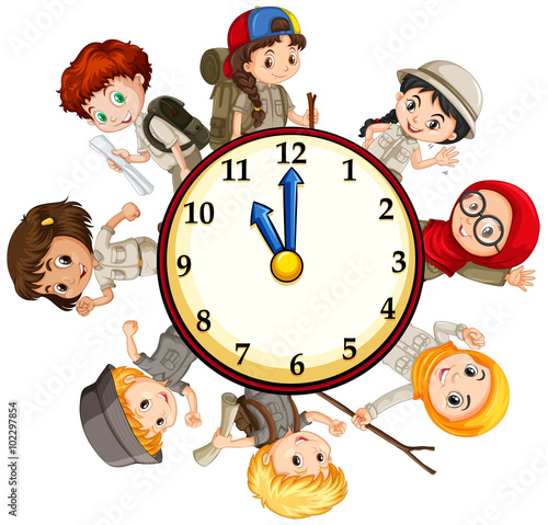 Children in camping uniform around the clock