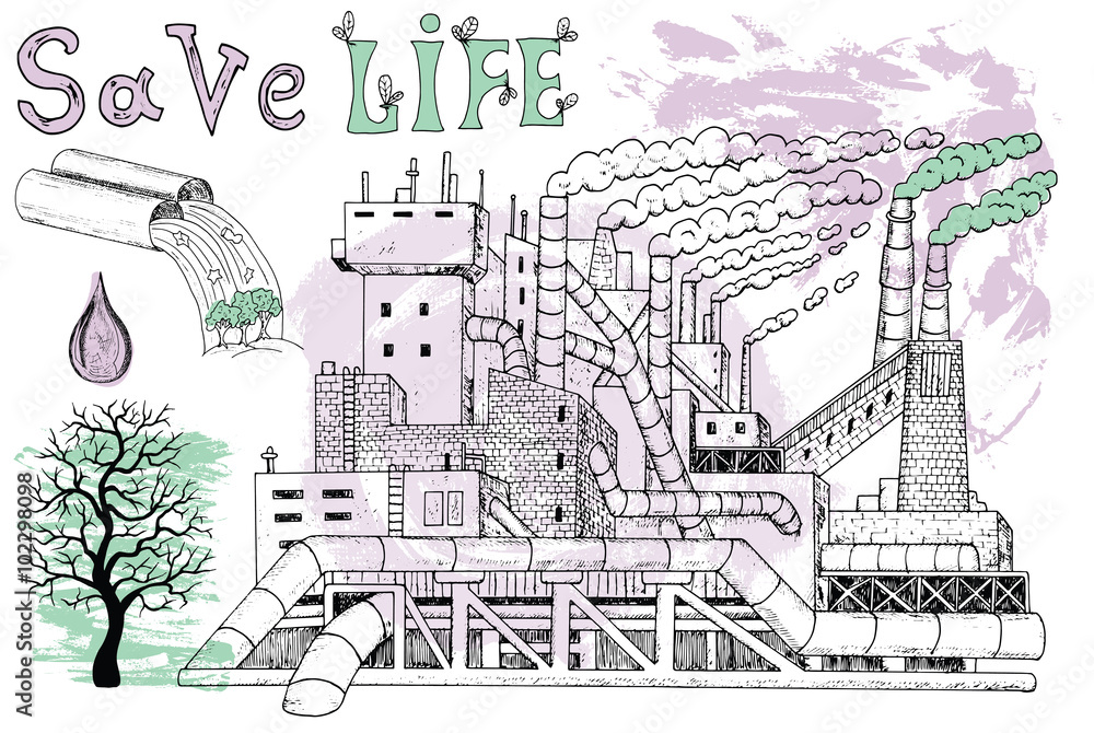 Ecological illustration with factory, tree and pollution theme.