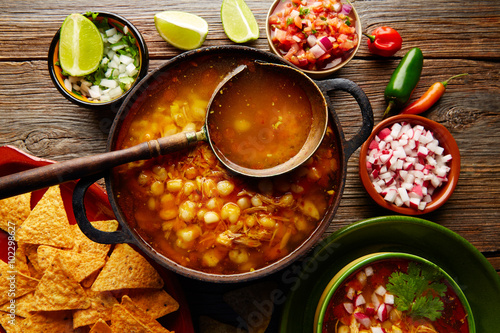 Pozole with mote big corn stew from Mexico photo