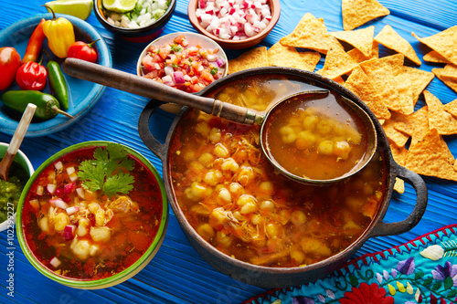 Pozole with mote big corn stew from Mexico photo