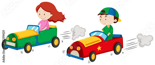Boy and girl in racing car