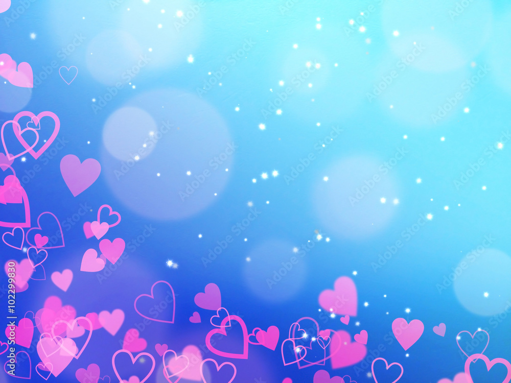 Blue Abstract Blur Background with Red Hearts, Free Space for Text