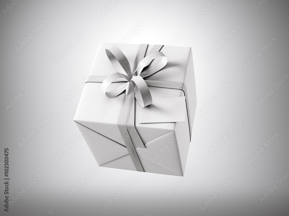 White gift box with white ribbon bow and blank business card, isolated on gray, horizontal. 3d render