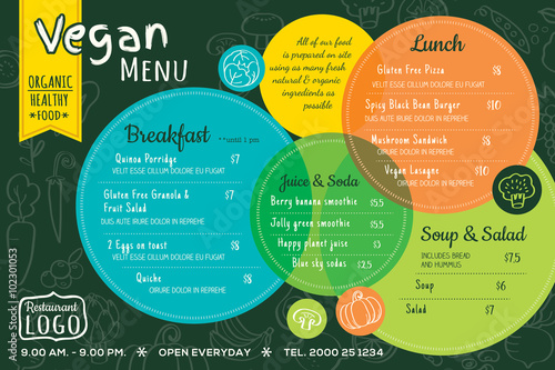 colorful organic food vegan restaurant menu board or placemat template
