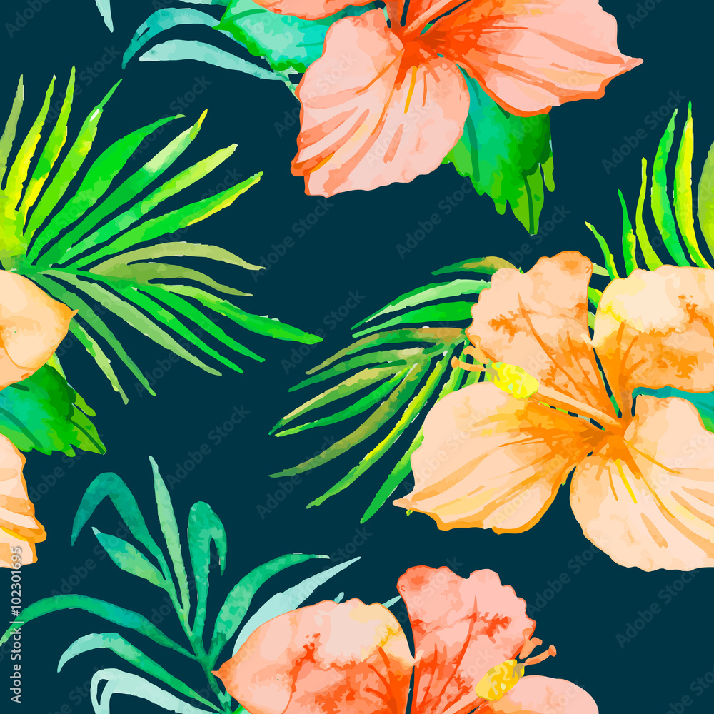 Hibiscus. Tropical plants seamless pattern and palm branches.. Exotic flower. Vector. Watercolor. Foliage.