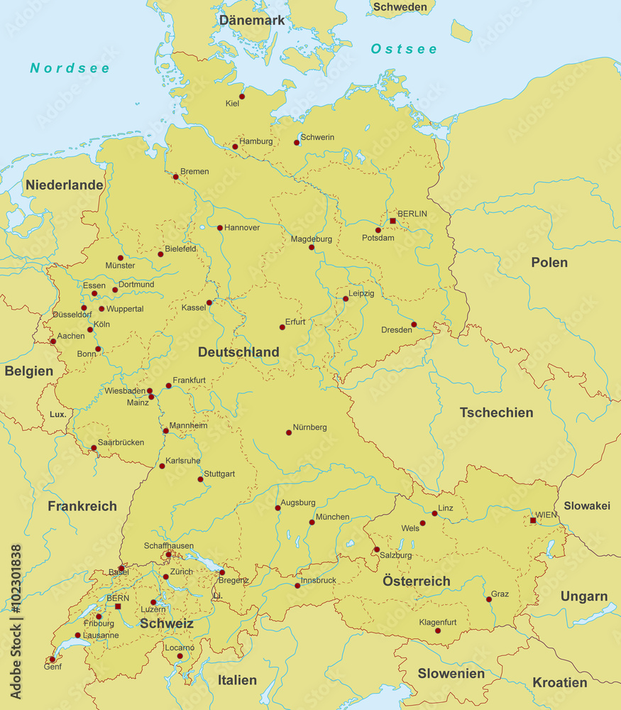 Deutschland-Österreich-Schweiz Karte (detailliert)