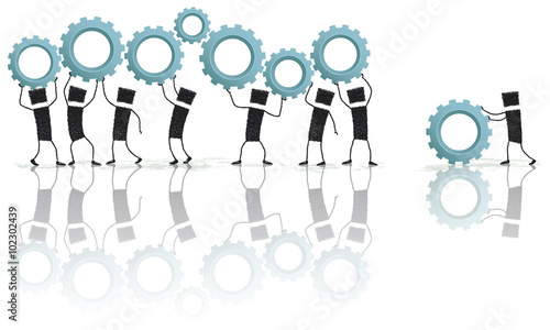 Building a great team. Illustration of a large group of stick figures lifting gears above their heads.