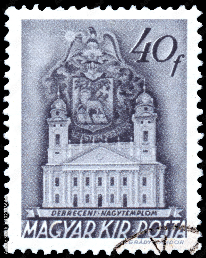 Stamp printed in Hungary shows Temple in Debrecen