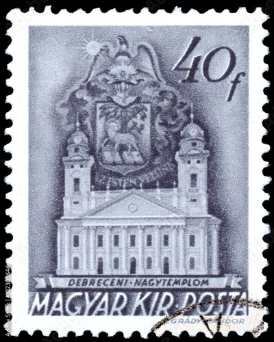 Obraz na płótnie Stamp printed in Hungary shows Temple in Debrecen w salonie