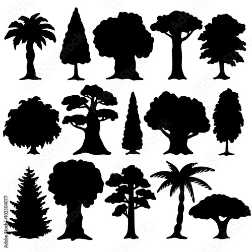 Black silhouette trees isolated on white background