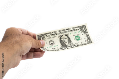 1 dolar holding in left hand 