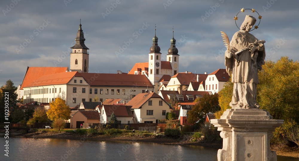 Telc or Teltsch town with statue of st. John of Nepomuk