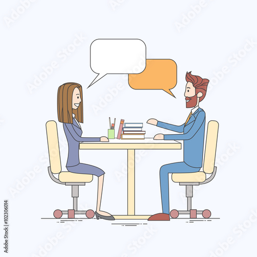 Business People Man and Woman Talking Discussing Communication Sitting at Office Desk Bubble Chat Box Vector Illustration