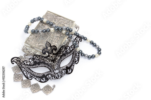Black carnivale mask with silver bracelet and box, and pearl nec